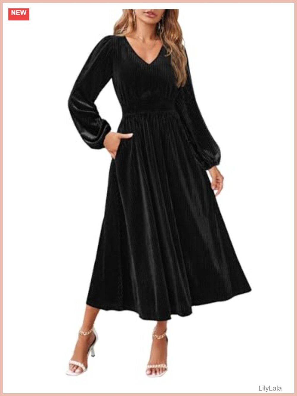 Velvet Long Sleeve V Neck Smocked Waist Midi Dress Pockets Wedding Guest